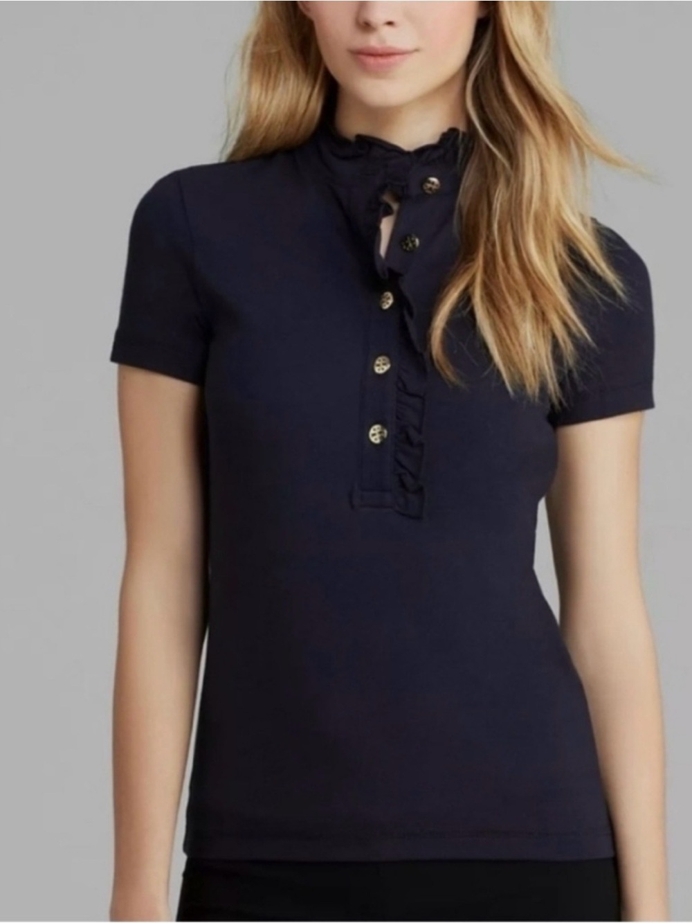 Tory Burch Lidia Ruffle Collar Gold Button Polo Preppy Black SZ XL Capsule